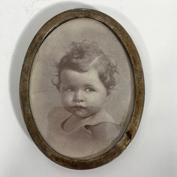 Antique Oval Metal Frame Sepia Chubby Cheek Baby Portrait Blue Velvet Backing - Picture 1 of 4